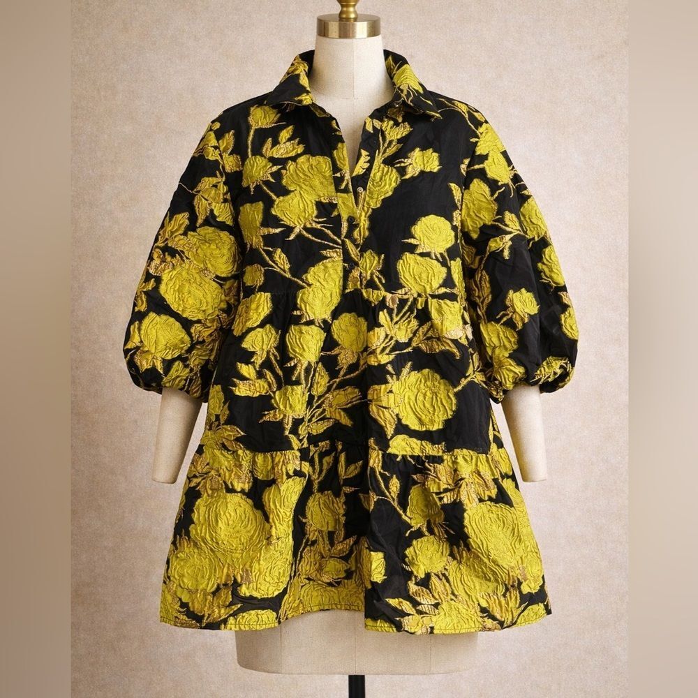 Anthropologie Gold Floral Jacquard Tunic Dress NWT Statement Mod Mini - Picture 2 of 9
